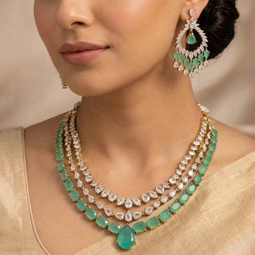 Elegents' Emerald Sea Green White Stone Necklace Set